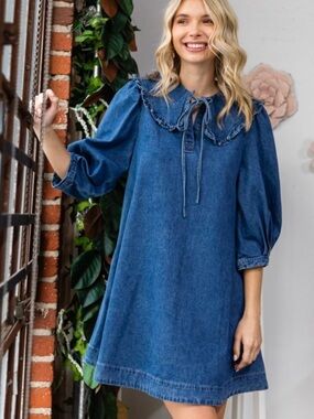 Casual Denim Blue Mini Dress with Ruffle Collar